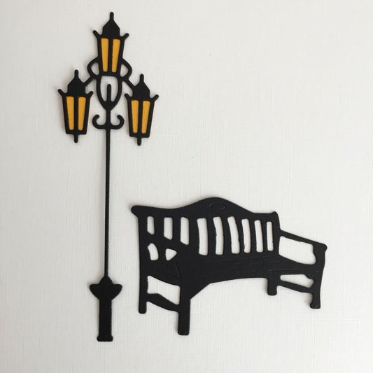 12 Black STREET LIGHT & BENCH Christmas Die Cut Card Making Toppers